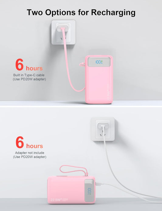 Portable Charger, 27000mAh 22.5W Fast Charging Power Bank with Built-in Cable, USB-C Battery Pack with LED Display and Flashlight, Travel Essential External Battery Charger, Compatible with iPhone & Android, Pink