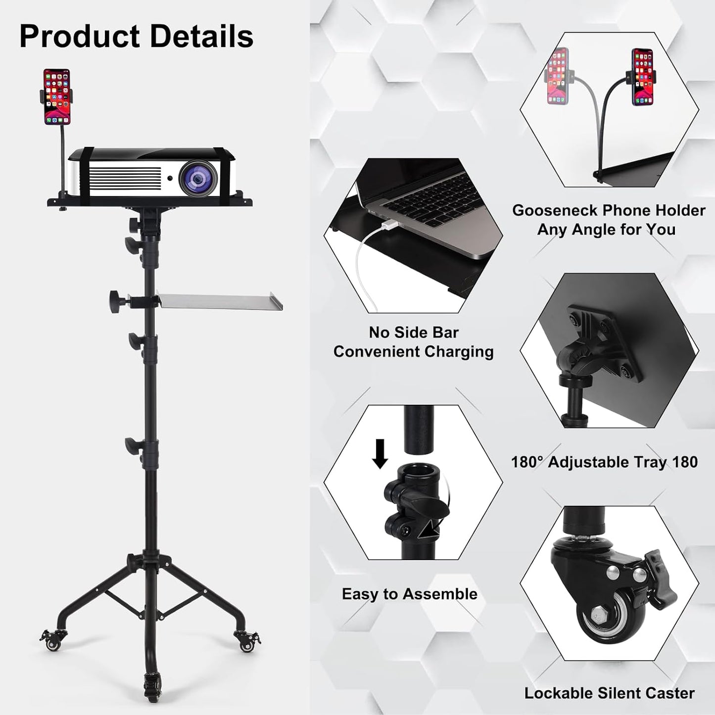 Rolling Laptop Tripod Stand with 2 Shelves, Adjustable Height 25.9 to 51.8 Inch Portable Projector Floor Stand with Phone Holder