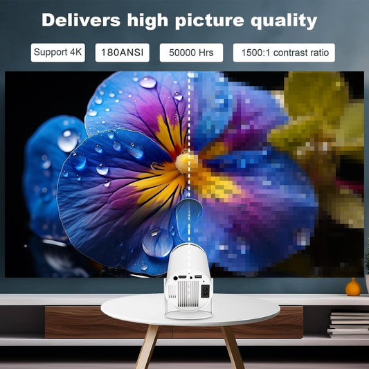 Mini Projector Product Description Mini Projector with WiFi and Bluetooth, built-in apps, supports 1080P resolution. Portable movie projector with 130-inch large display, ideal for home theater use. Compatible with TV Stick, HDMI, USB, smartphones an