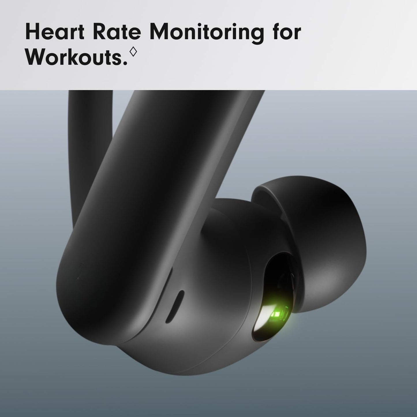 Wireless sports earbuds with active noise cancellation, equipped with stable fit ear hooks. Total battery life up to 45 hours with charging case, sweat and water resistant design, built-in heart rate monitoring function, Jet Black
