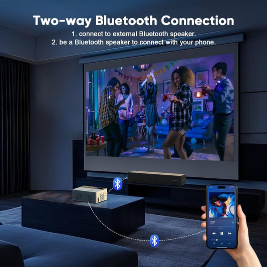 1080P Full HD Portable Mini Projector, Bluetooth Enabled Movie Projector, Compatible with TV Stick, Smartphone, PC, Game Console, Support HDMI & USB Connection, Suitable for Indoor and Outdoor Use, Comes with Projector Screen