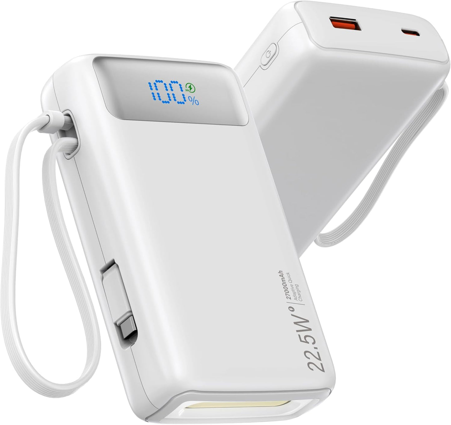 Portable Charger, 27000mAh 22.5W Fast Charging Power Bank with Built-in Cable, USB-C Battery Pack with LED Display and Flashlight, Travel Essential External Battery Charger, Compatible with iPhone & Android, Pink
