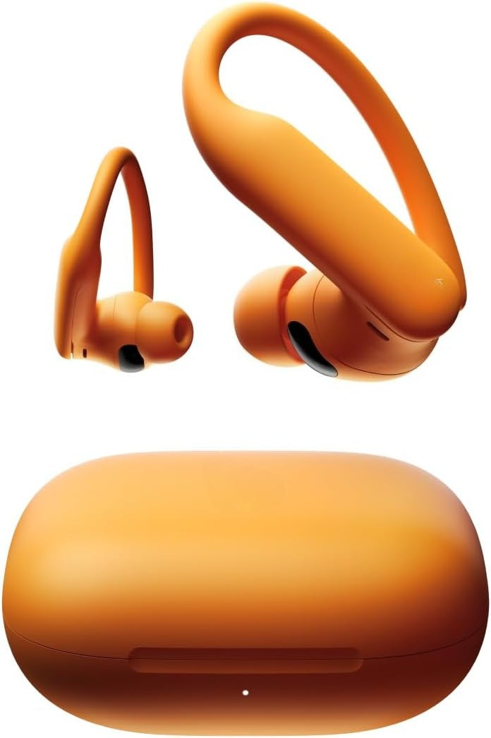 Wireless sports earbuds with active noise cancellation, equipped with stable fit ear hooks. Total battery life up to 45 hours with charging case, sweat and water resistant design, built-in heart rate monitoring function, Jet Black