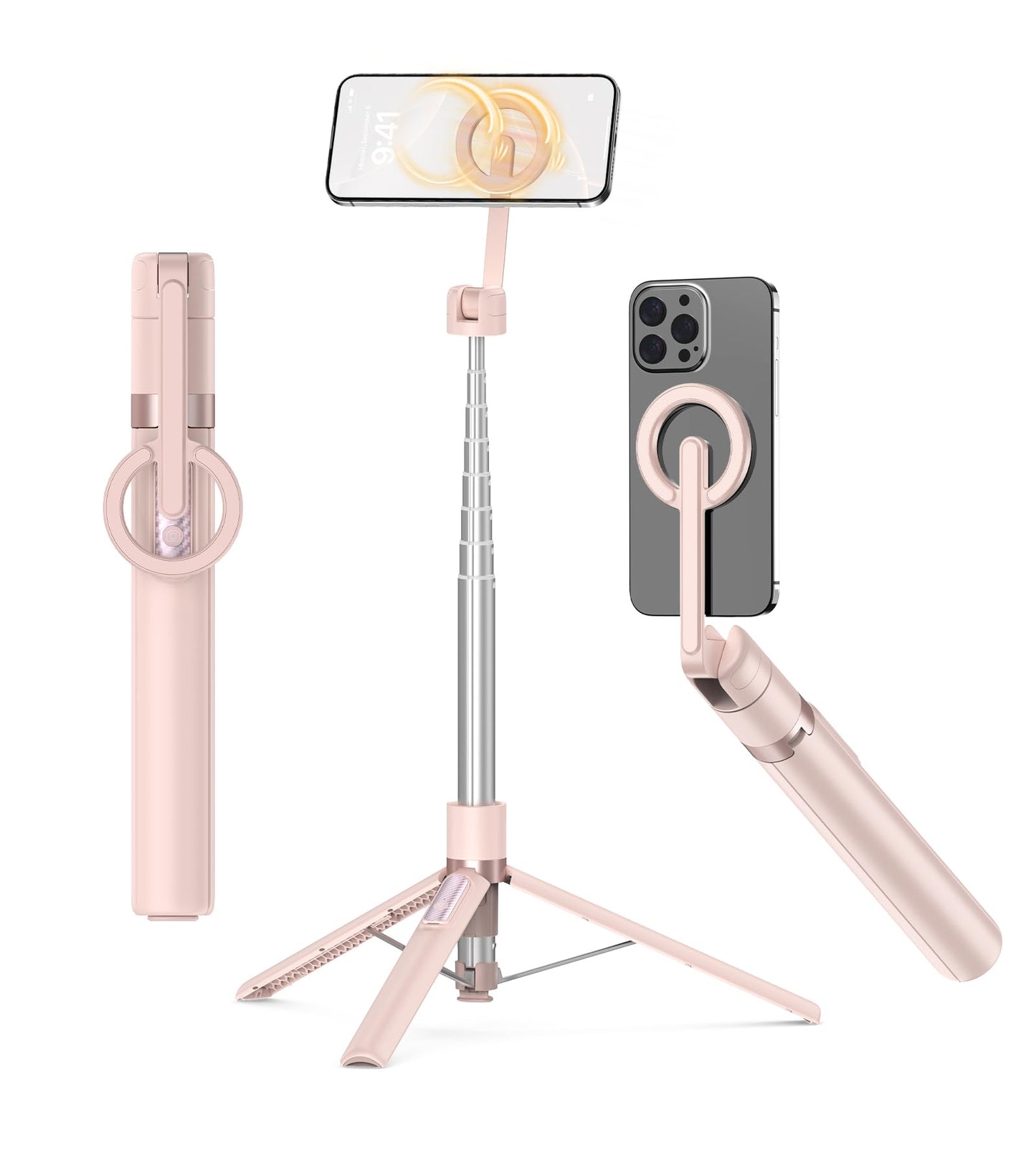 68 Inch Magnetic Selfie Stick Tripod, Aluminum Alloy Strong Magnetic Phone Holder, 360° Rotatable Portable Phone Tripod Stand with Metal Ring & Rechargeable Wireless Remote, Universal for All Smartphones, Beige Gray