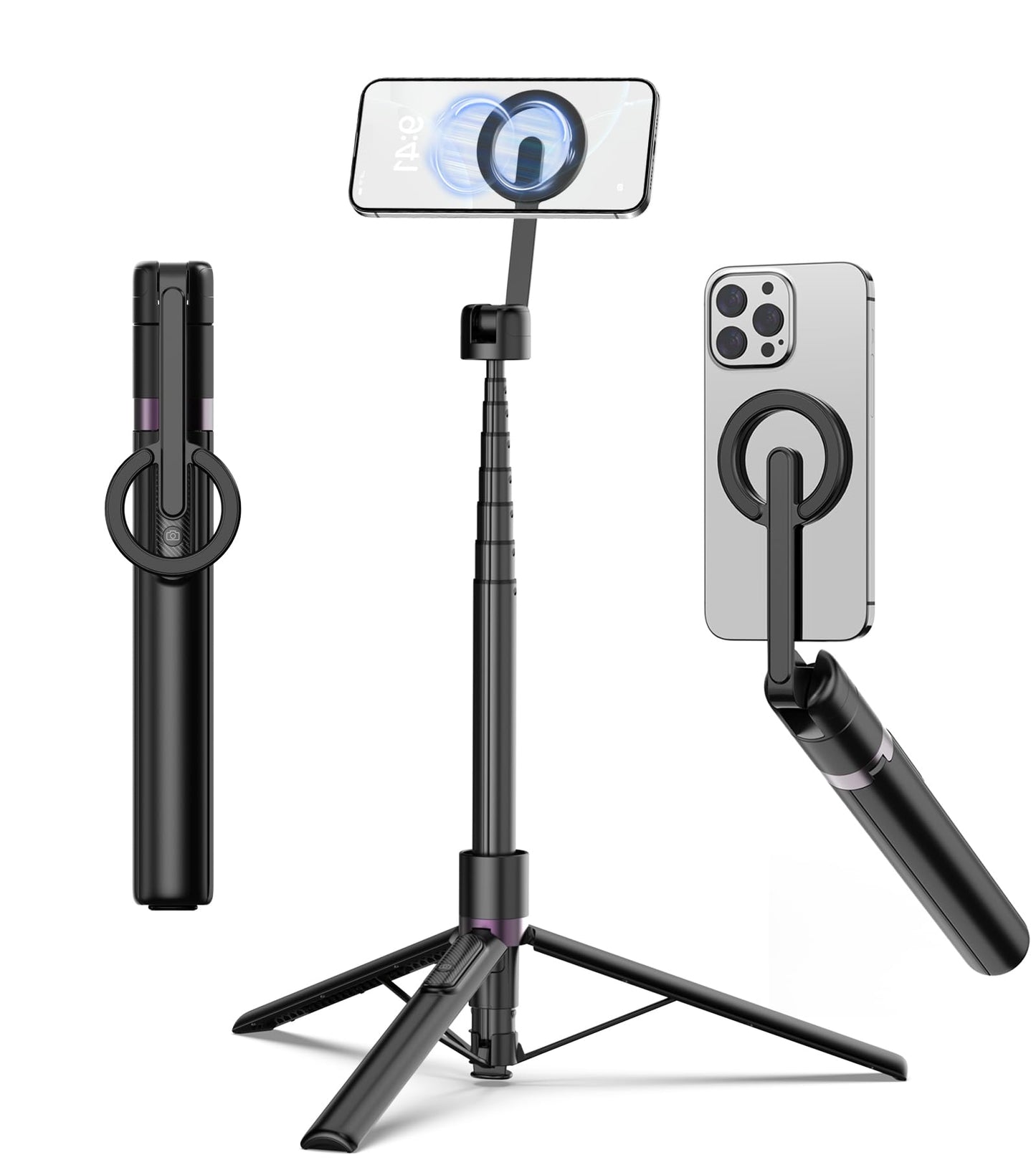 68 Inch Magnetic Selfie Stick Tripod, Aluminum Alloy Strong Magnetic Phone Holder, 360° Rotatable Portable Phone Tripod Stand with Metal Ring & Rechargeable Wireless Remote, Universal for All Smartphones, Beige Gray