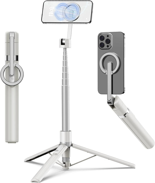68 Inch Magnetic Selfie Stick Tripod, Aluminum Alloy Strong Magnetic Phone Holder, 360° Rotatable Portable Phone Tripod Stand with Metal Ring & Rechargeable Wireless Remote, Universal for All Smartphones, Beige Gray