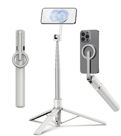 68 Inch Magnetic Selfie Stick Tripod, Aluminum Alloy Strong Magnetic Phone Holder, 360° Rotatable Portable Phone Tripod Stand with Metal Ring & Rechargeable Wireless Remote, Universal for All Smartphones, Beige Gray