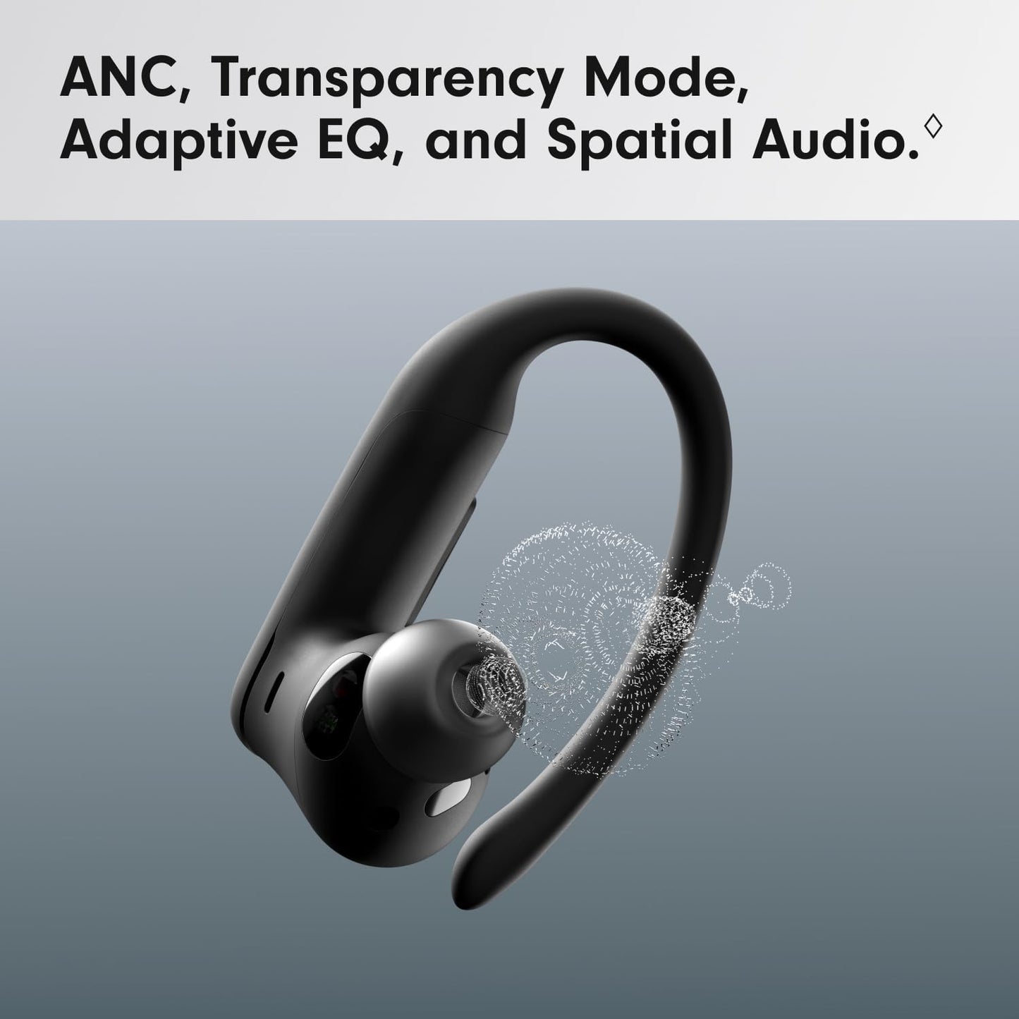 Wireless sports earbuds with active noise cancellation, equipped with stable fit ear hooks. Total battery life up to 45 hours with charging case, sweat and water resistant design, built-in heart rate monitoring function, Jet Black