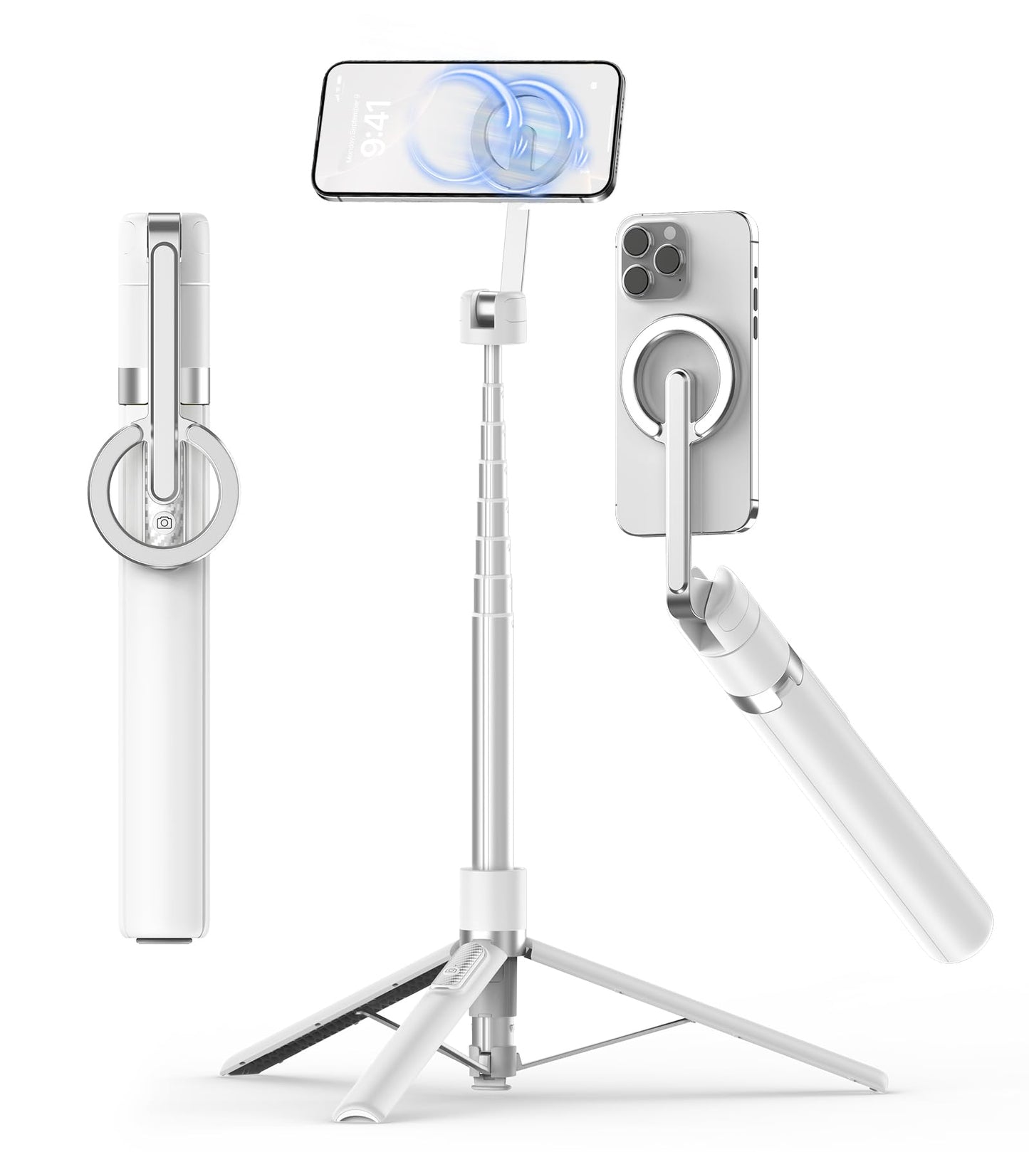 68 Inch Magnetic Selfie Stick Tripod, Aluminum Alloy Strong Magnetic Phone Holder, 360° Rotatable Portable Phone Tripod Stand with Metal Ring & Rechargeable Wireless Remote, Universal for All Smartphones, Beige Gray