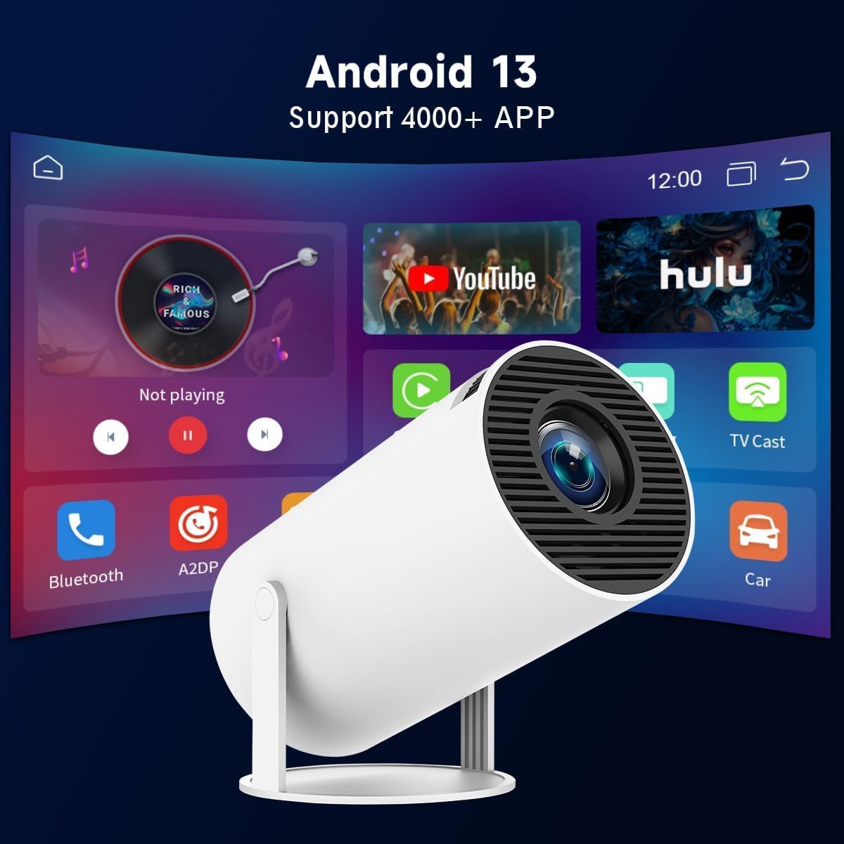 Mini Projector Product Description Mini Projector with WiFi and Bluetooth, built-in apps, supports 1080P resolution. Portable movie projector with 130-inch large display, ideal for home theater use. Compatible with TV Stick, HDMI, USB, smartphones an