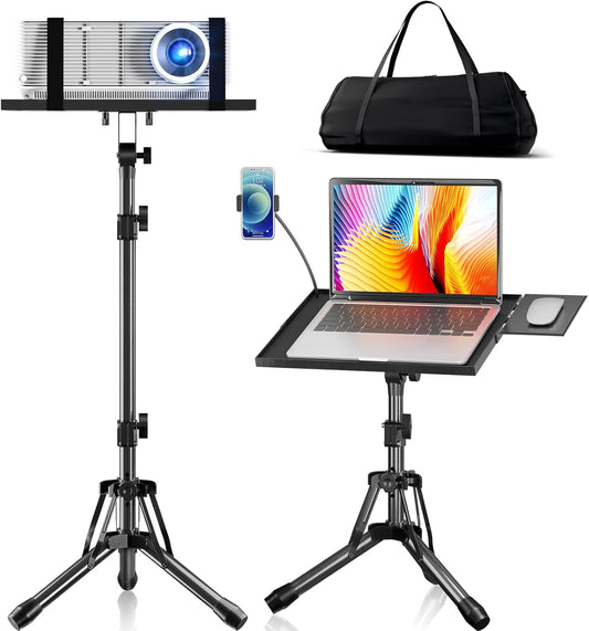 Adjustable Height Projector Stand 20" to 61", Foldable Tripod Stand with Mouse Tray & Phone Holder, Portable Floor Stand for Laptop Office Home Stage Studio DJ Podium Use