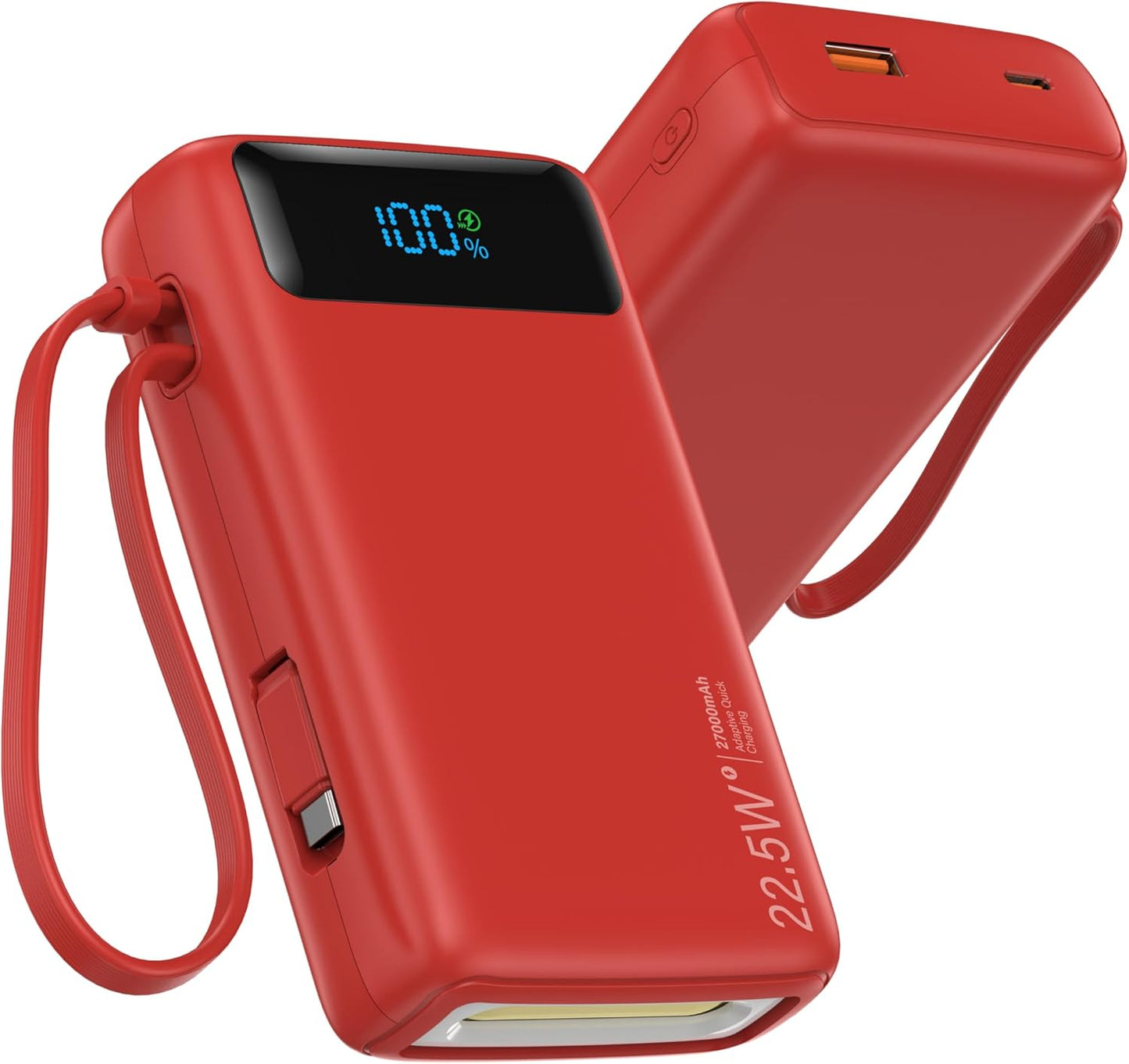 Portable Charger, 27000mAh 22.5W Fast Charging Power Bank with Built-in Cable, USB-C Battery Pack with LED Display and Flashlight, Travel Essential External Battery Charger, Compatible with iPhone & Android, Pink
