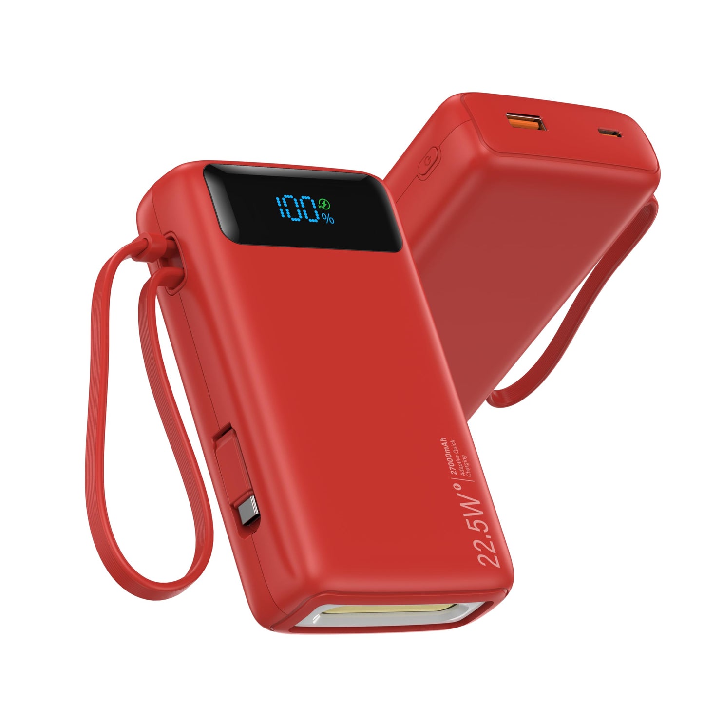 Portable Charger, 27000mAh 22.5W Fast Charging Power Bank with Built-in Cable, USB-C Battery Pack with LED Display and Flashlight, Travel Essential External Battery Charger, Compatible with iPhone & Android, Pink