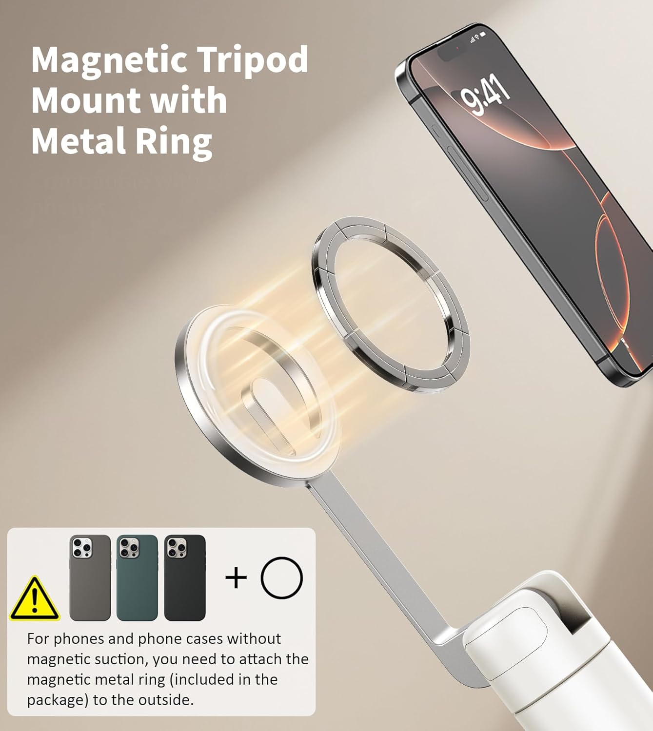 68 Inch Magnetic Selfie Stick Tripod, Aluminum Alloy Strong Magnetic Phone Holder, 360° Rotatable Portable Phone Tripod Stand with Metal Ring & Rechargeable Wireless Remote, Universal for All Smartphones, Beige Gray
