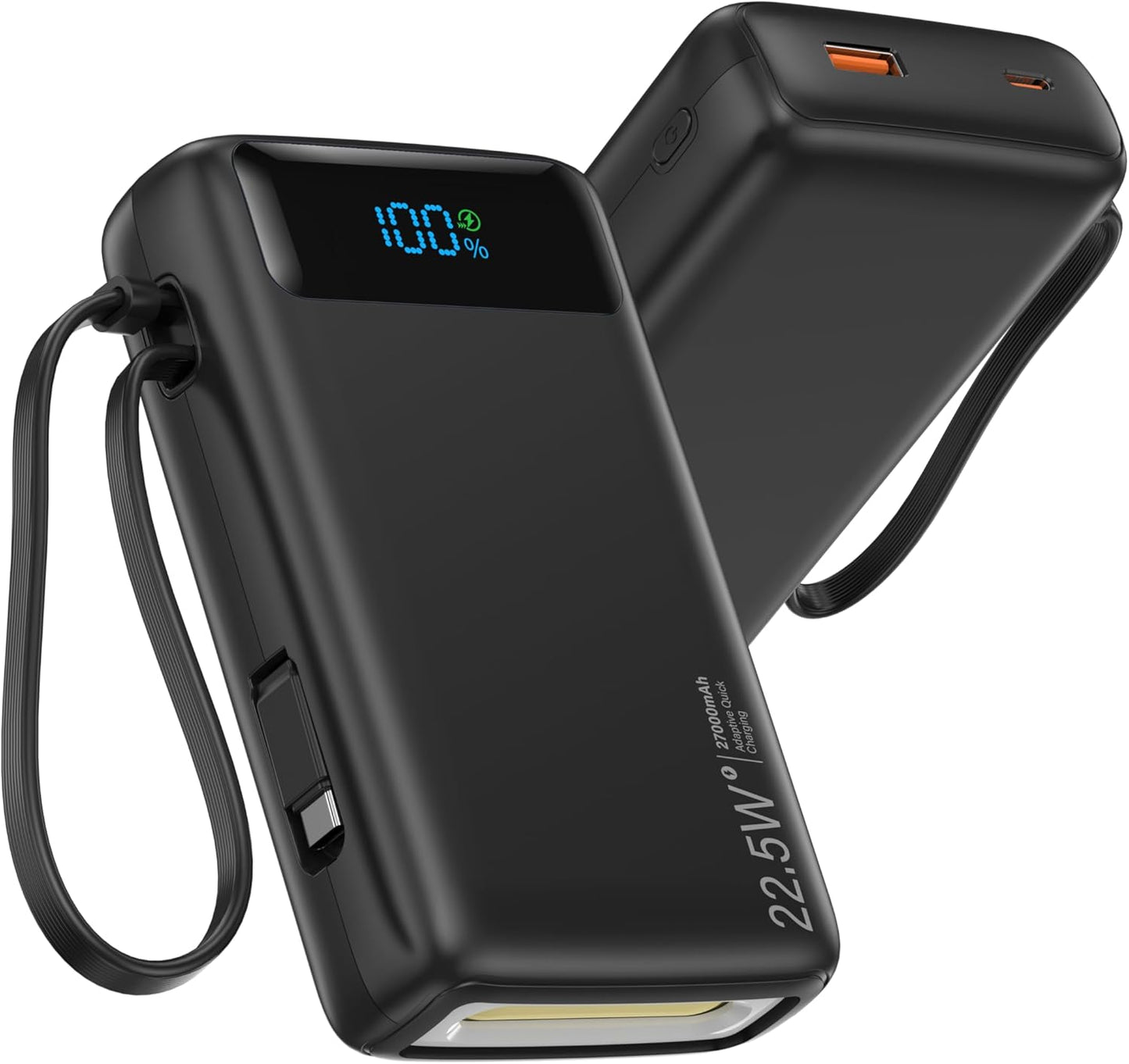 Portable Charger, 27000mAh 22.5W Fast Charging Power Bank with Built-in Cable, USB-C Battery Pack with LED Display and Flashlight, Travel Essential External Battery Charger, Compatible with iPhone & Android, Pink