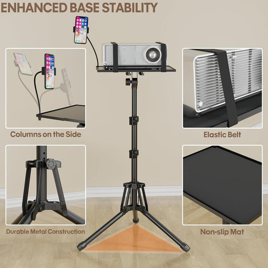 Adjustable Height Projector Stand 20" to 61", Foldable Tripod Stand with Mouse Tray & Phone Holder, Portable Floor Stand for Laptop Office Home Stage Studio DJ Podium Use