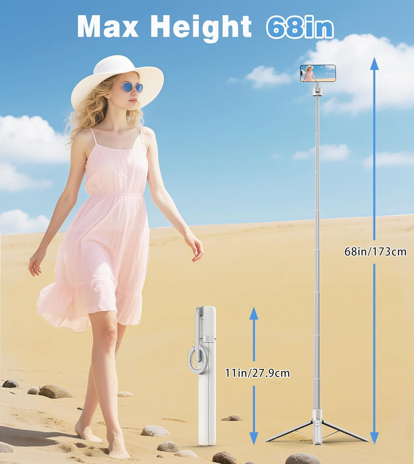 68 Inch Magnetic Selfie Stick Tripod, Aluminum Alloy Strong Magnetic Phone Holder, 360° Rotatable Portable Phone Tripod Stand with Metal Ring & Rechargeable Wireless Remote, Universal for All Smartphones, Beige Gray