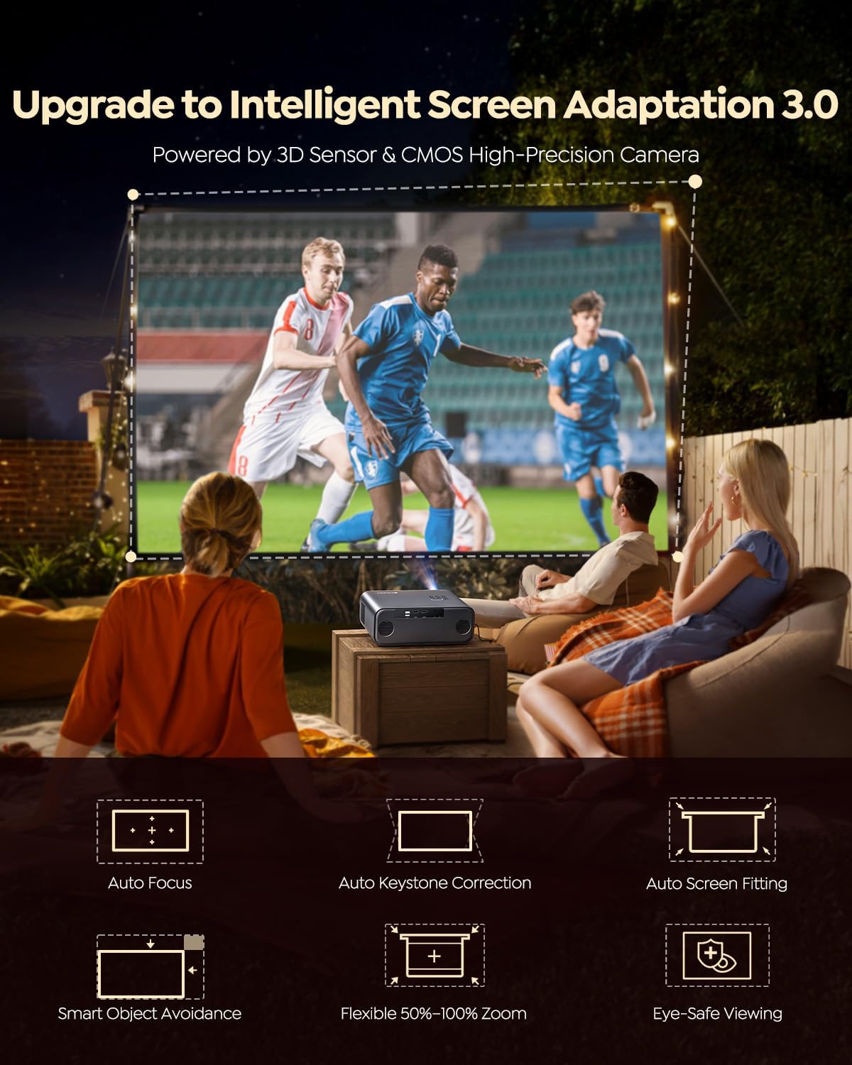 Built-in Apps & 4K Supported Smart Outdoor Projector, WiFi & Bluetooth Movie Projector, Dual Speakers with Stereo Sound, Auto Focus Function, Pre-installed Video Streaming Apps, Multi-functional Home Cinema Projector