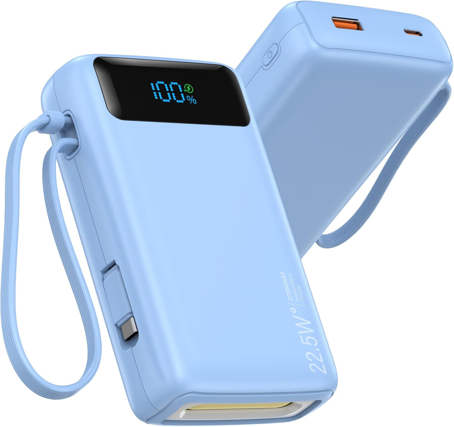 Portable Charger, 27000mAh 22.5W Fast Charging Power Bank with Built-in Cable, USB-C Battery Pack with LED Display and Flashlight, Travel Essential External Battery Charger, Compatible with iPhone & Android, Pink
