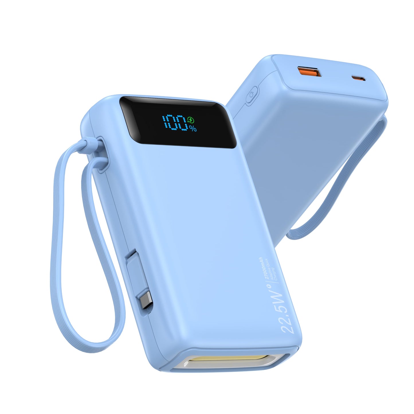 Portable Charger, 27000mAh 22.5W Fast Charging Power Bank with Built-in Cable, USB-C Battery Pack with LED Display and Flashlight, Travel Essential External Battery Charger, Compatible with iPhone & Android, Pink