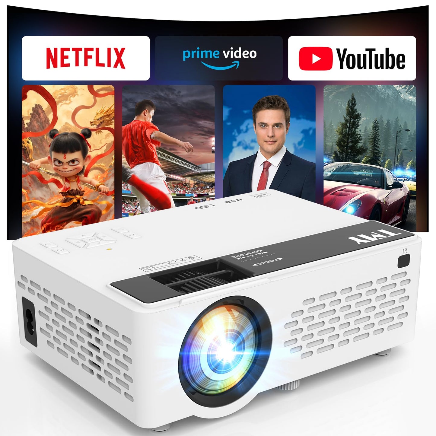 1080P Full HD Portable Mini Projector, Bluetooth Enabled Movie Projector, Compatible with TV Stick, Smartphone, PC, Game Console, Support HDMI & USB Connection, Suitable for Indoor and Outdoor Use, Comes with Projector Screen
