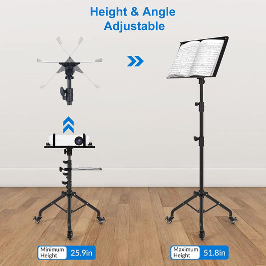 Rolling Laptop Tripod Stand with 2 Shelves, Adjustable Height 25.9 to 51.8 Inch Portable Projector Floor Stand with Phone Holder