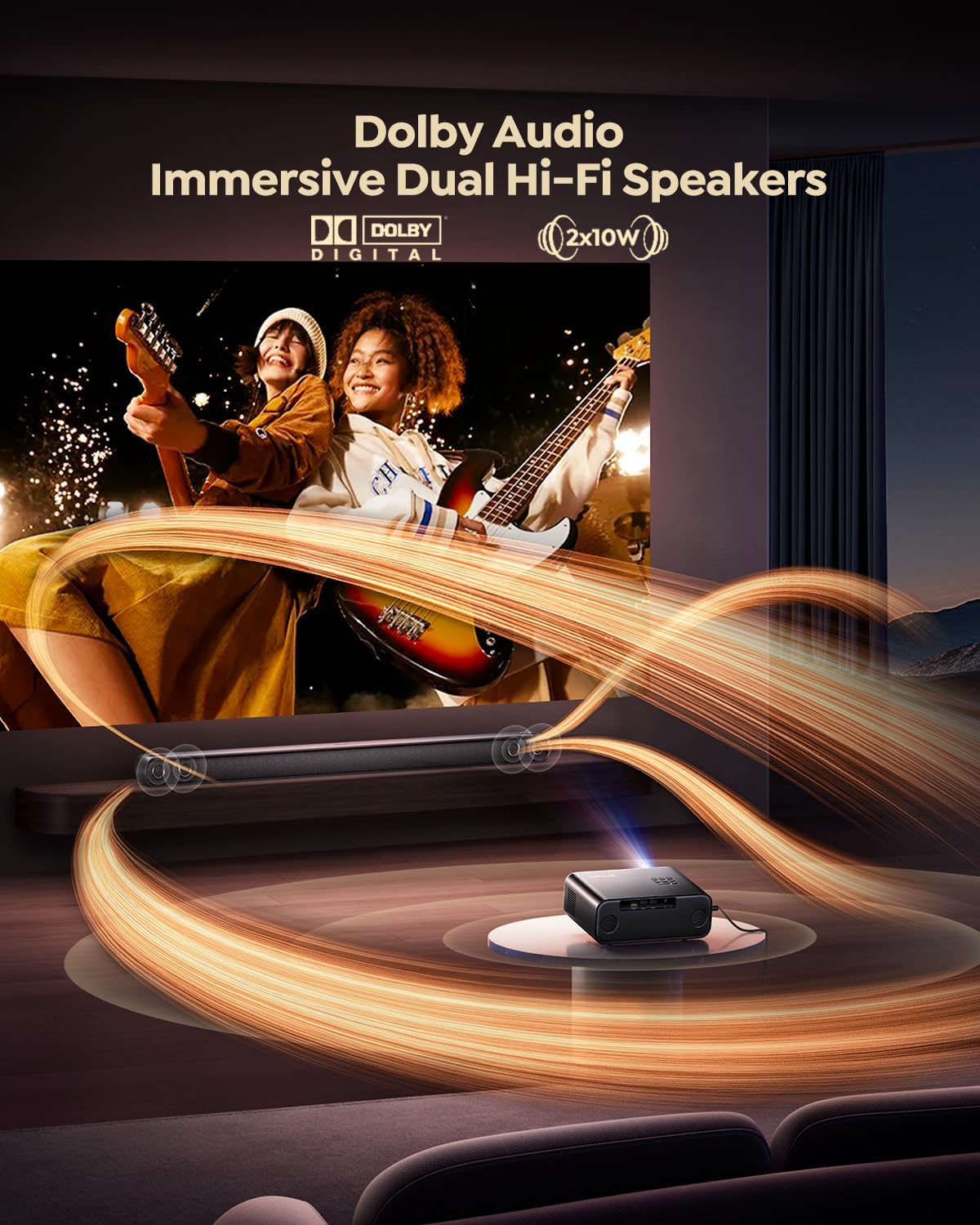 Built-in Apps & 4K Supported Smart Outdoor Projector, WiFi & Bluetooth Movie Projector, Dual Speakers with Stereo Sound, Auto Focus Function, Pre-installed Video Streaming Apps, Multi-functional Home Cinema Projector