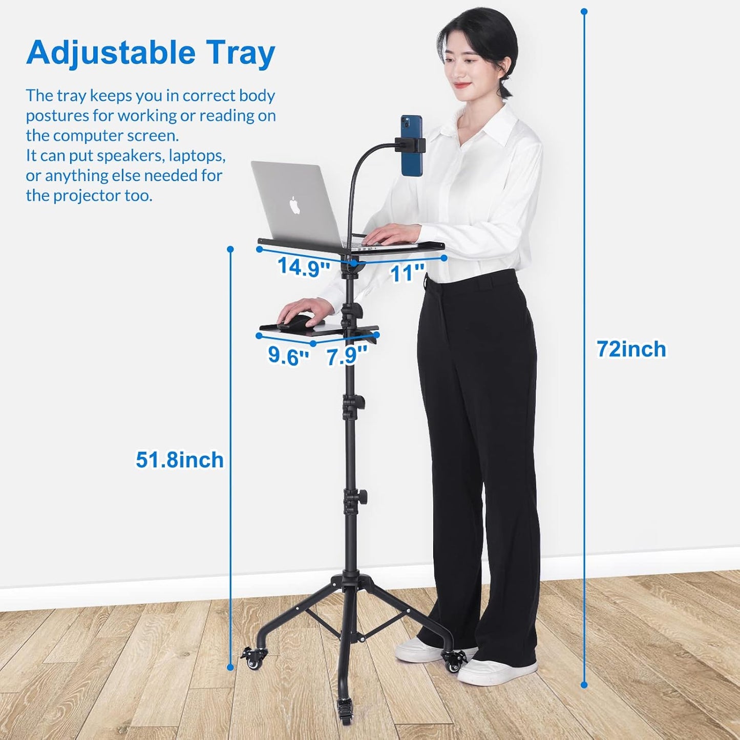 Rolling Laptop Tripod Stand with 2 Shelves, Adjustable Height 25.9 to 51.8 Inch Portable Projector Floor Stand with Phone Holder