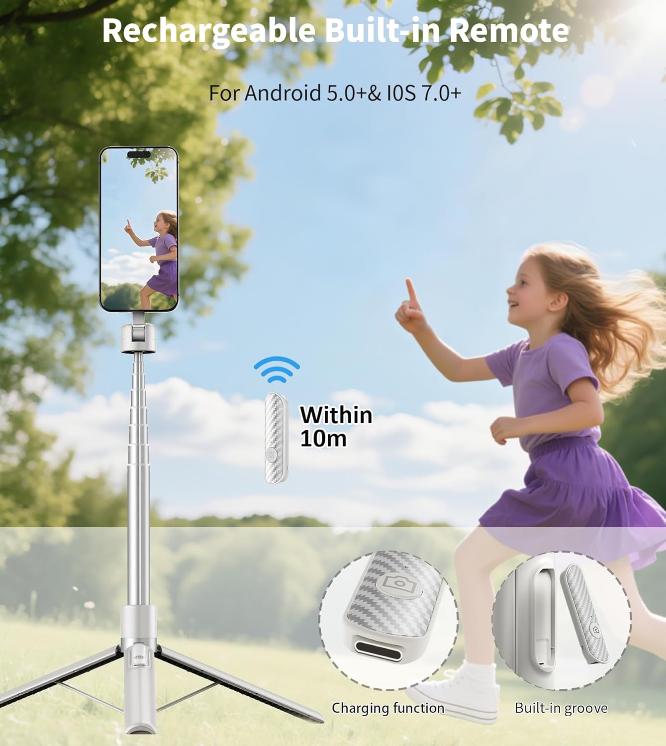 68 Inch Magnetic Selfie Stick Tripod, Aluminum Alloy Strong Magnetic Phone Holder, 360° Rotatable Portable Phone Tripod Stand with Metal Ring & Rechargeable Wireless Remote, Universal for All Smartphones, Beige Gray