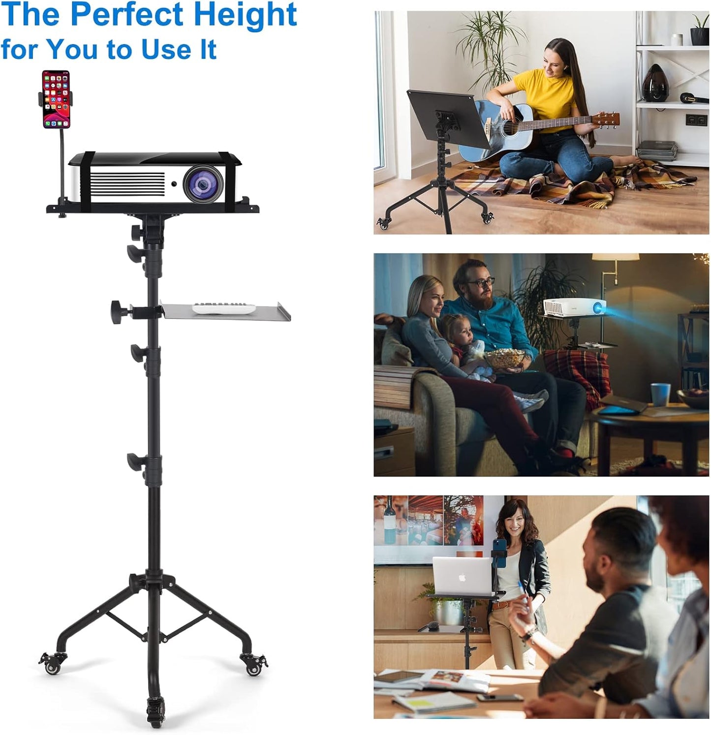 Rolling Laptop Tripod Stand with 2 Shelves, Adjustable Height 25.9 to 51.8 Inch Portable Projector Floor Stand with Phone Holder