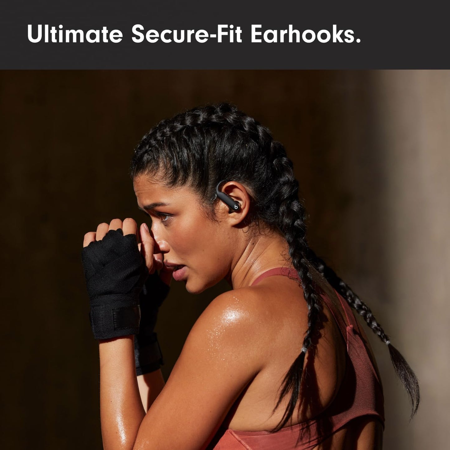 Wireless sports earbuds with active noise cancellation, equipped with stable fit ear hooks. Total battery life up to 45 hours with charging case, sweat and water resistant design, built-in heart rate monitoring function, Jet Black