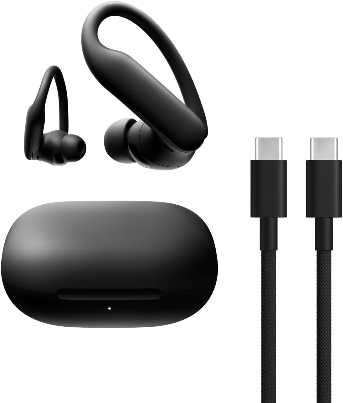 Wireless sports earbuds with active noise cancellation, equipped with stable fit ear hooks. Total battery life up to 45 hours with charging case, sweat and water resistant design, built-in heart rate monitoring function, Jet Black