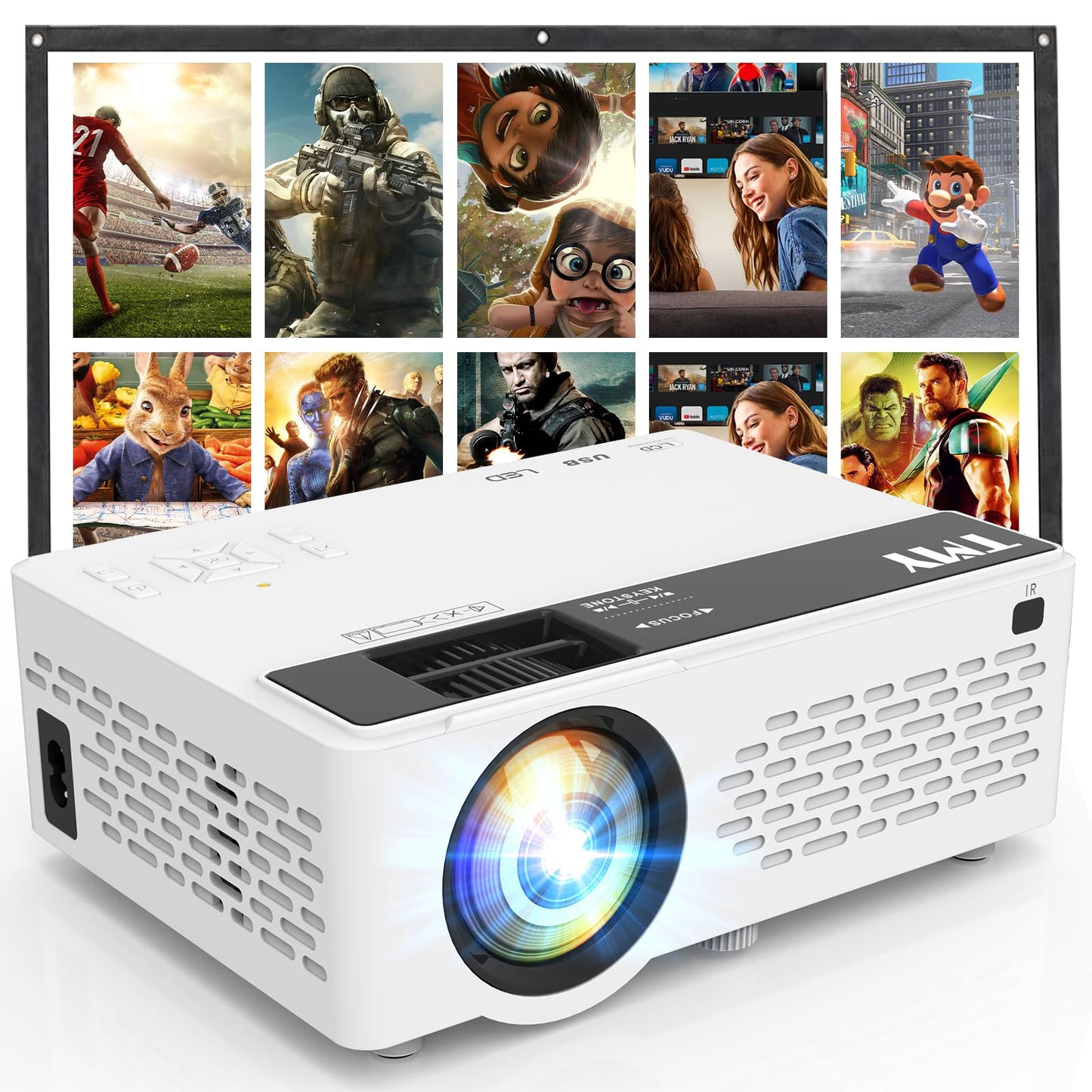 1080P Full HD Portable Mini Projector, Bluetooth Enabled Movie Projector, Compatible with TV Stick, Smartphone, PC, Game Console, Support HDMI & USB Connection, Suitable for Indoor and Outdoor Use, Comes with Projector Screen