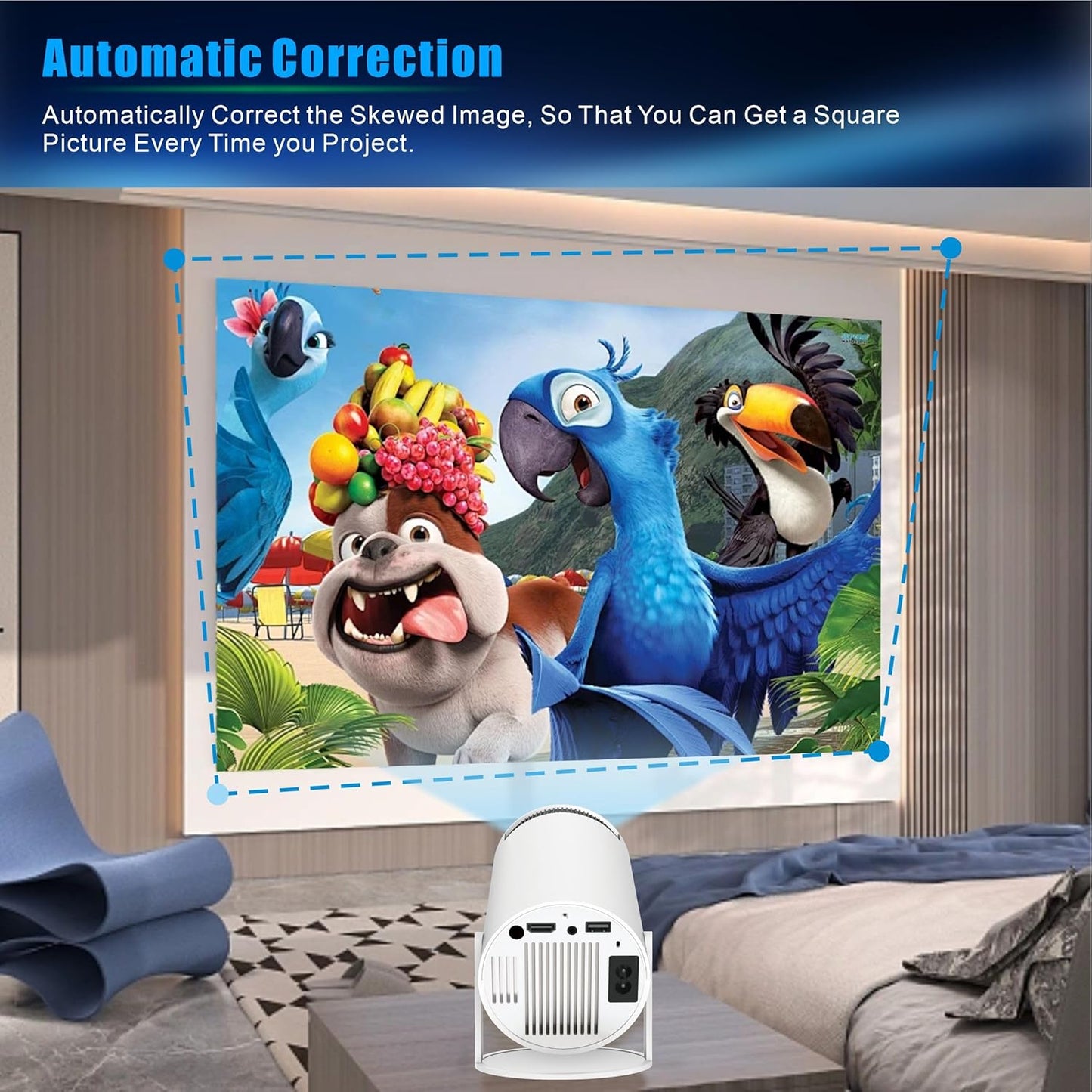 Mini Projector Product Description Mini Projector with WiFi and Bluetooth, built-in apps, supports 1080P resolution. Portable movie projector with 130-inch large display, ideal for home theater use. Compatible with TV Stick, HDMI, USB, smartphones an