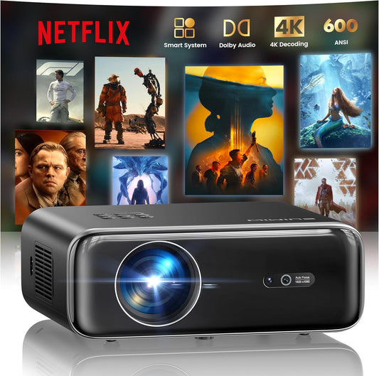 Built-in Apps & 4K Supported Smart Outdoor Projector, WiFi & Bluetooth Movie Projector, Dual Speakers with Stereo Sound, Auto Focus Function, Pre-installed Video Streaming Apps, Multi-functional Home Cinema Projector