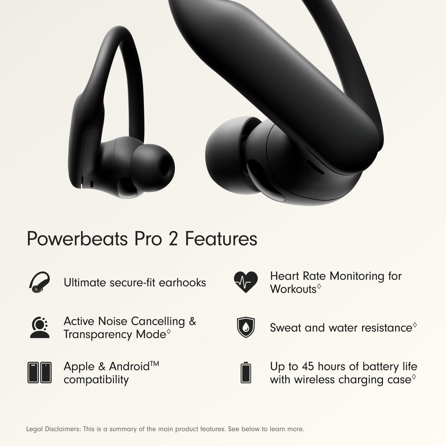 Wireless sports earbuds with active noise cancellation, equipped with stable fit ear hooks. Total battery life up to 45 hours with charging case, sweat and water resistant design, built-in heart rate monitoring function, Jet Black